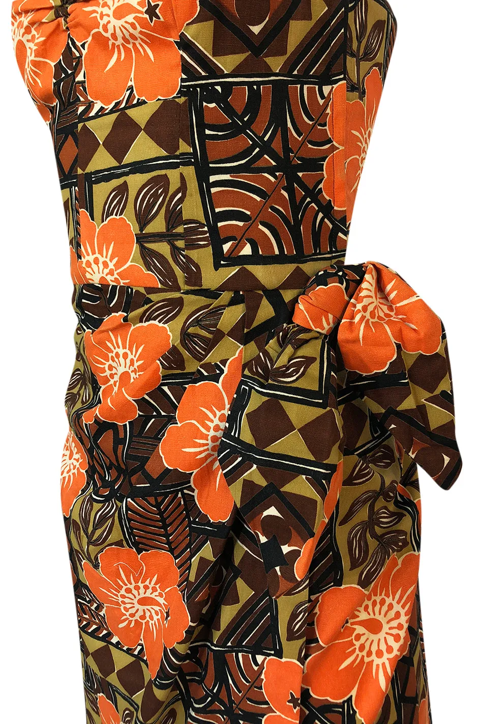 1950s Unlabeled Cotton Hawaiian Orange & Tan Floral Print Dress