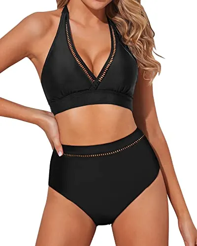 2 Piece High Waisted Deep V Neck Two Piece Swimsuits For Women-Black