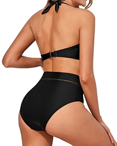 2 Piece High Waisted Deep V Neck Two Piece Swimsuits For Women-Black
