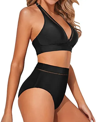 2 Piece High Waisted Deep V Neck Two Piece Swimsuits For Women-Black