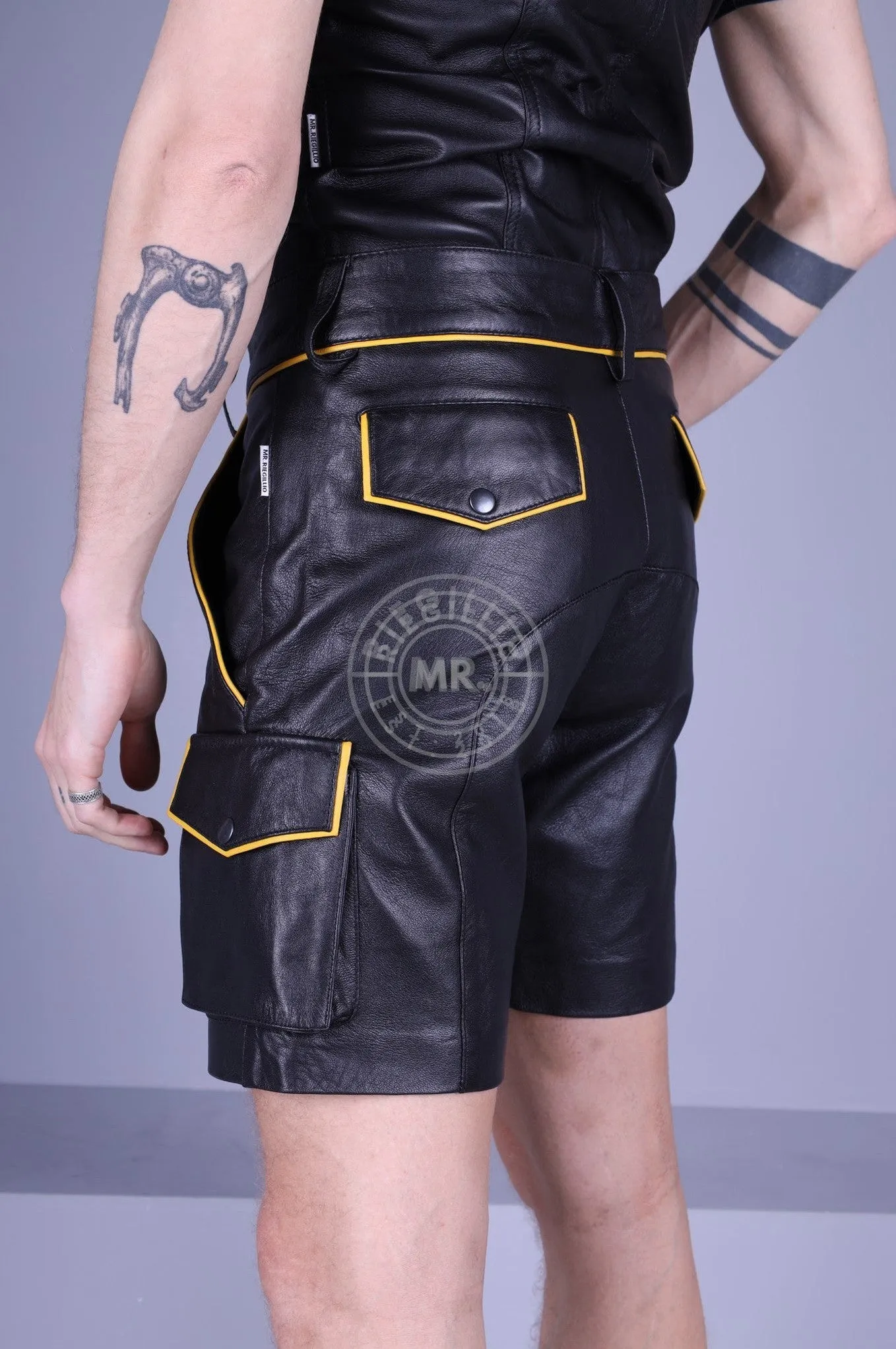 '23 Black Leather Cargo Short - Yellow Piping