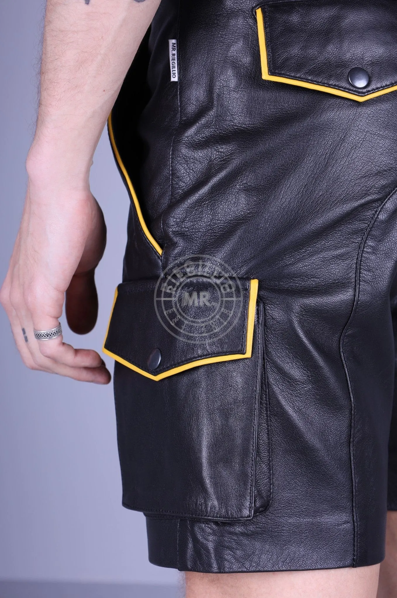 '23 Black Leather Cargo Short - Yellow Piping