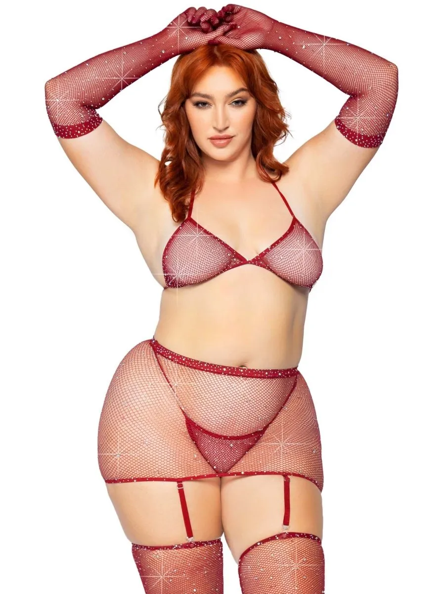 5 Pc Rhinestone Bikini Top G-String Garter Skirt, Gloves and Stockings