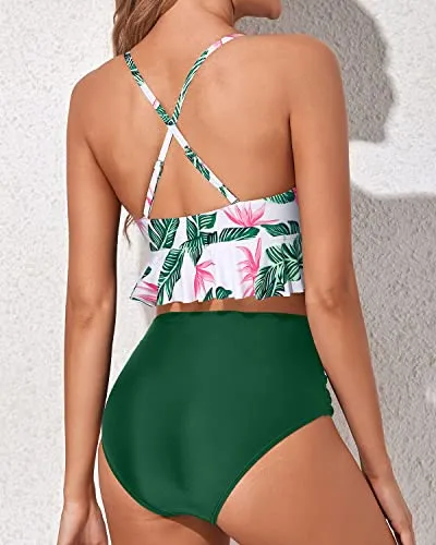 Adjustable Criss Cross Tummy Control Bikini Set-Green Tropical Floral