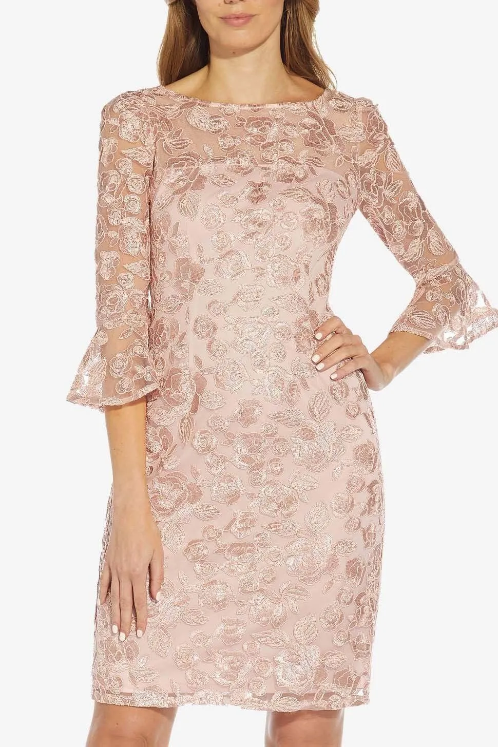 Adrianna Papell AP1D104437 3/4 Bell Sleeves Short Embroidered Dress