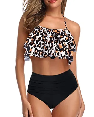 Alluring High Waisted Teen Girls' 2 Piece Bathing Suit Ruffles-Black And Leopard