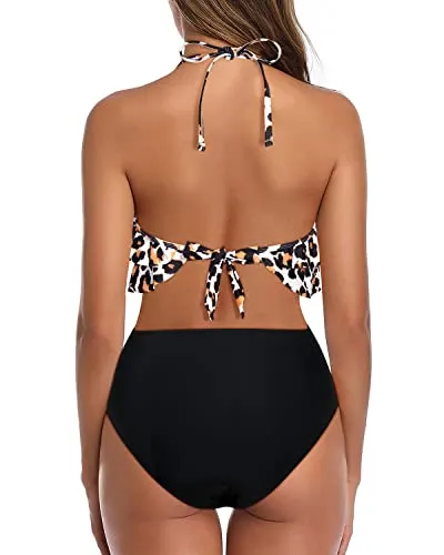 Alluring High Waisted Teen Girls' 2 Piece Bathing Suit Ruffles-Black And Leopard