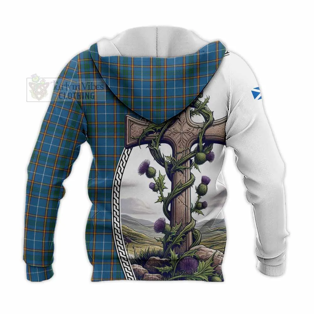 Bain Tartan Knitted Hoodie with Family Crest and St. Andrew's Cross Accented by Thistle Vines