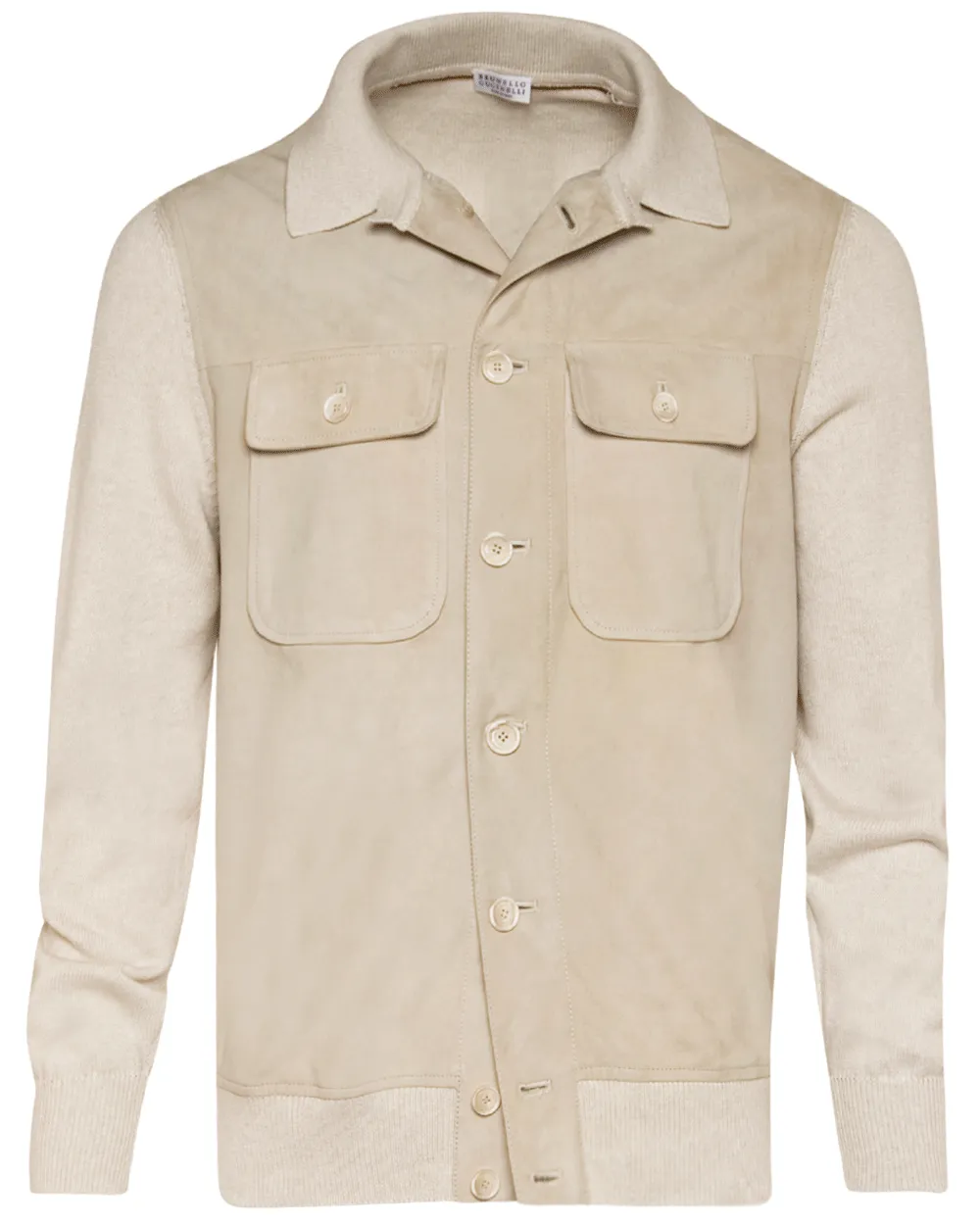 Beige Suede and Cotton Knit Shirt Jacket