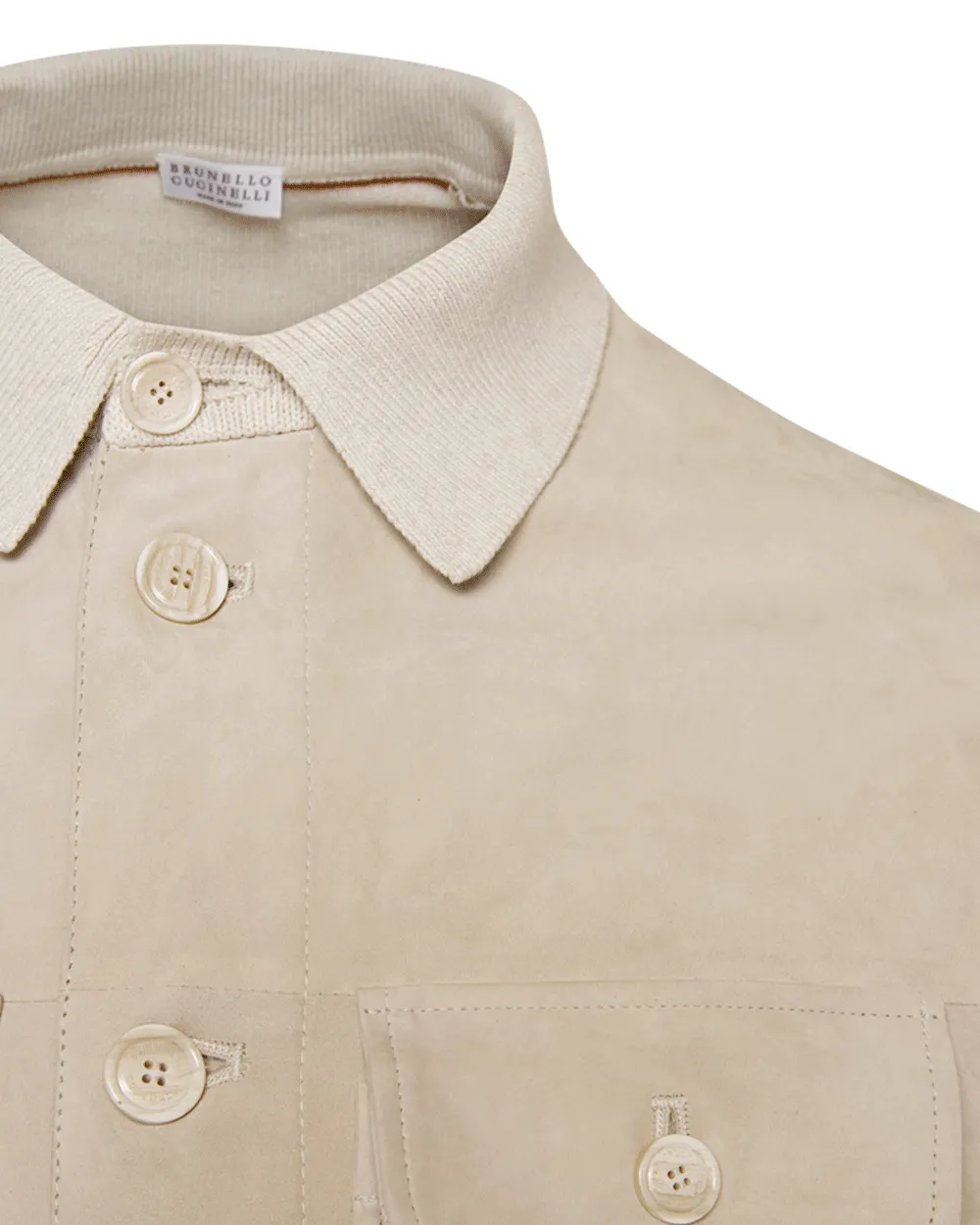 Beige Suede and Cotton Knit Shirt Jacket