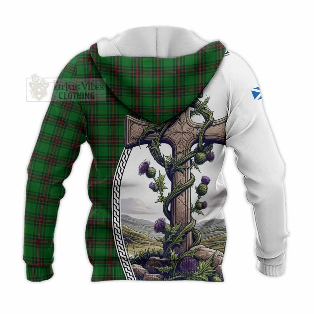 Beveridge Tartan Knitted Hoodie with Family Crest and St. Andrew's Cross Accented by Thistle Vines