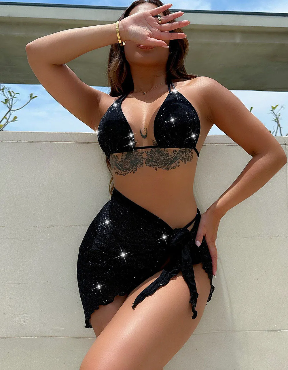 Black Halter 3-piece Bikini Swimwear Sets