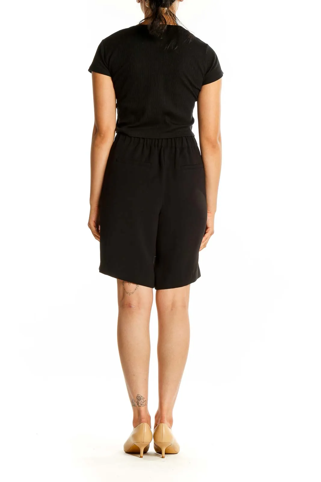 Black Pleated Polyester Shorts