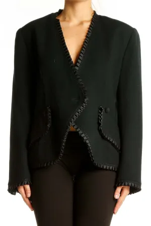 Black Wool Blazer with Ribbon Trim