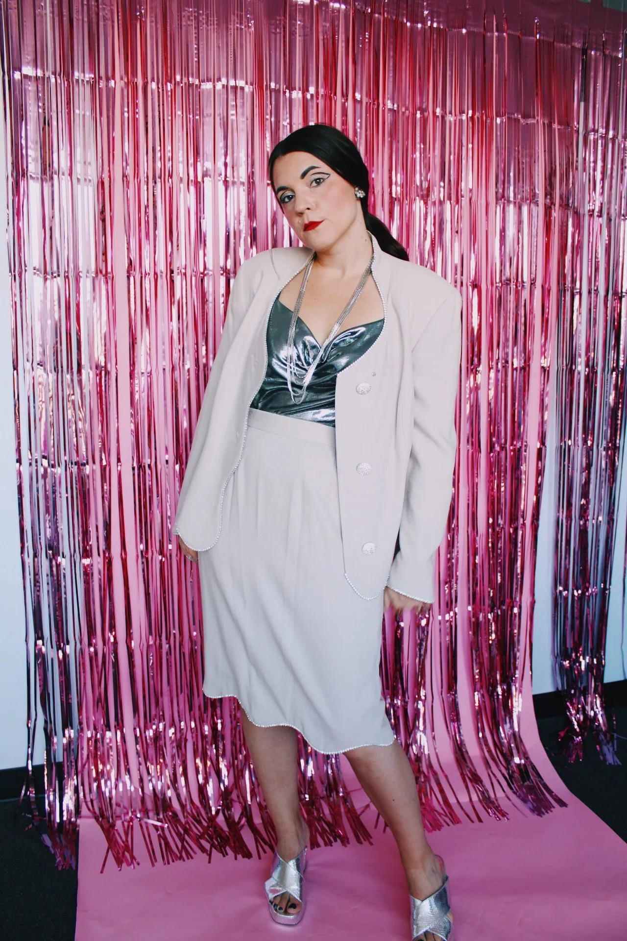 Blazer and Skirt Set with Rhinestone Trim