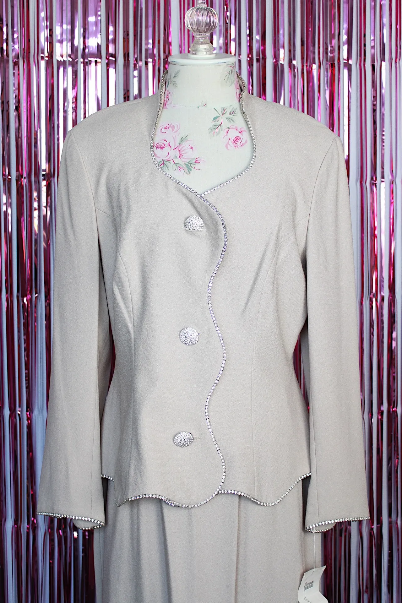 Blazer and Skirt Set with Rhinestone Trim