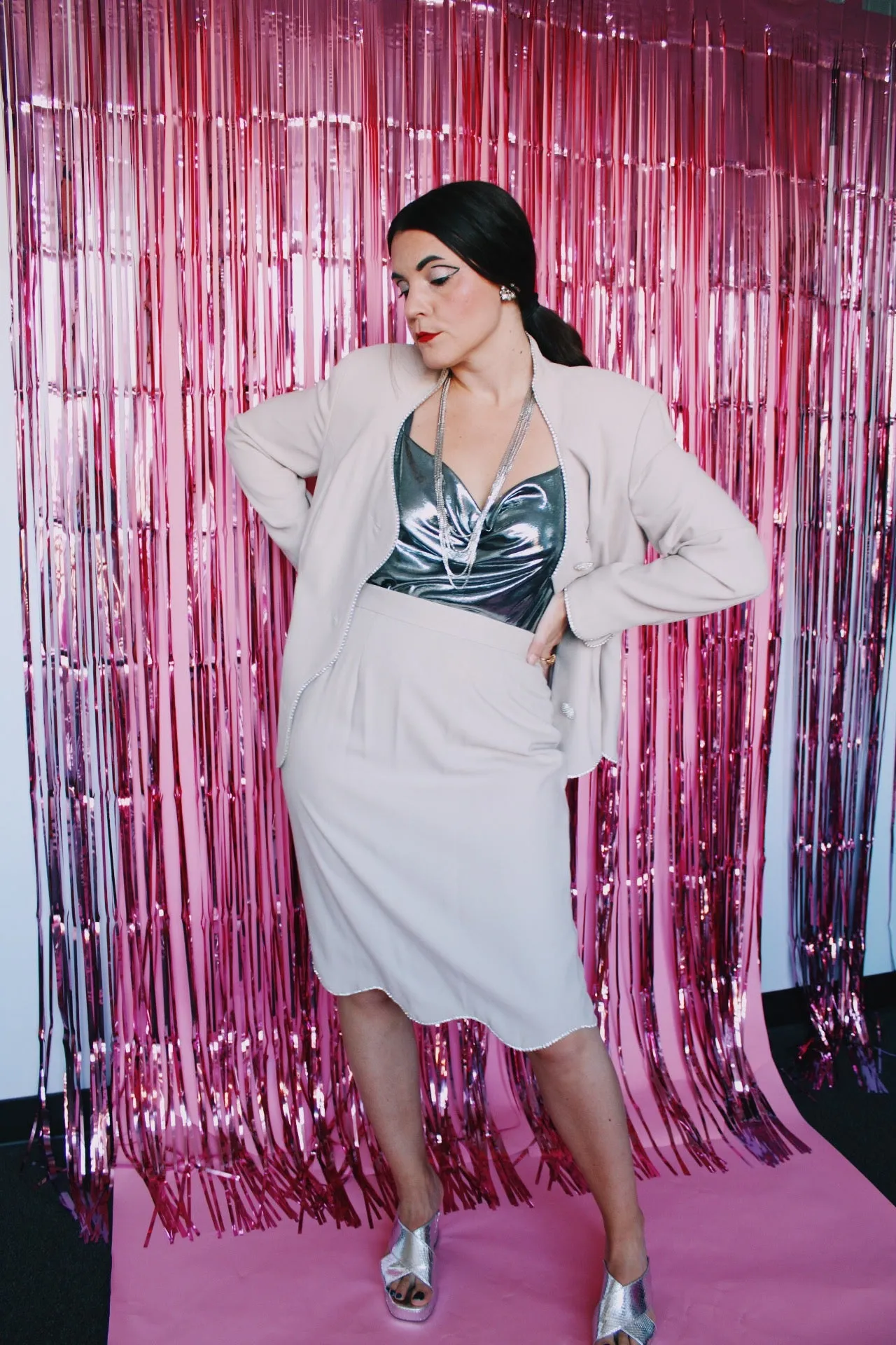 Blazer and Skirt Set with Rhinestone Trim