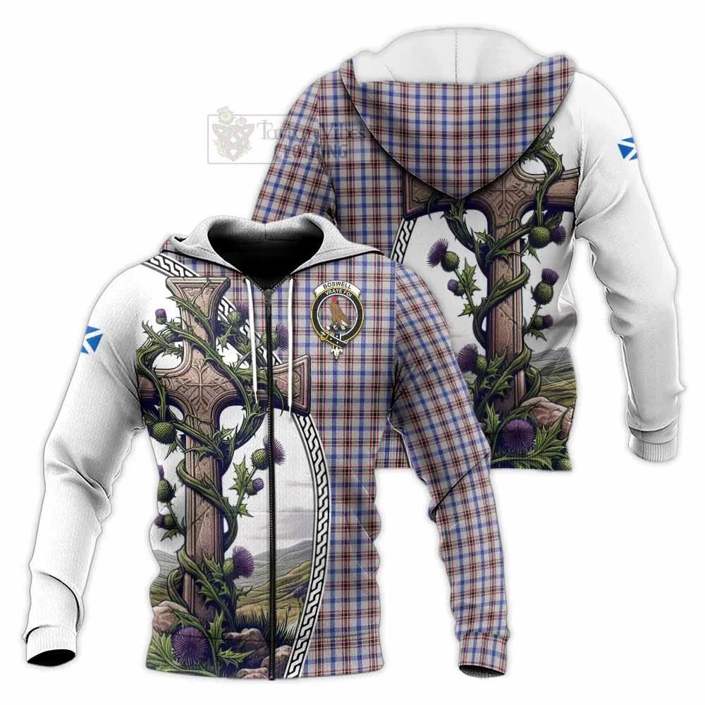 Boswell Tartan Knitted Hoodie with Family Crest and St. Andrew's Cross Accented by Thistle Vines