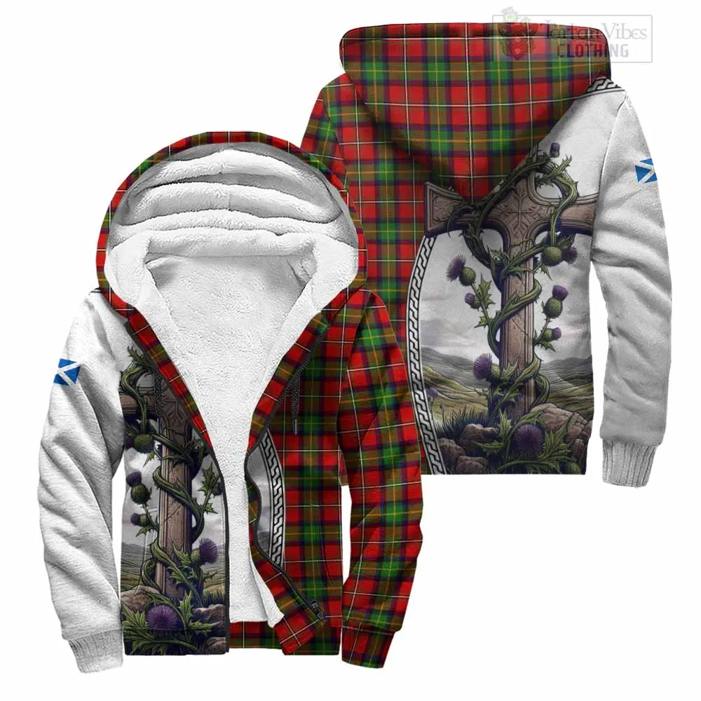 Boyd Tartan Sherpa Hoodie with Family Crest and St. Andrew's Cross Accented by Thistle Vines