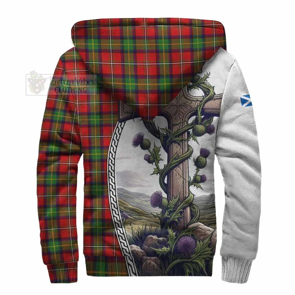 Boyd Tartan Sherpa Hoodie with Family Crest and St. Andrew's Cross Accented by Thistle Vines