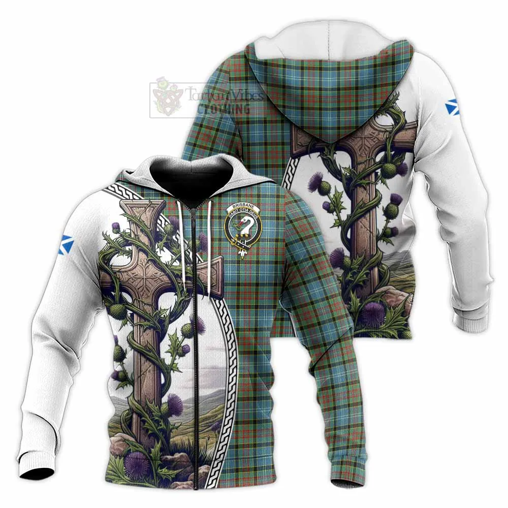 Brisbane Tartan Knitted Hoodie with Family Crest and St. Andrew's Cross Accented by Thistle Vines