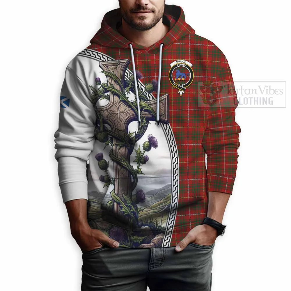Bruce Tartan Hoodie with Family Crest and St. Andrew's Cross Accented by Thistle Vines