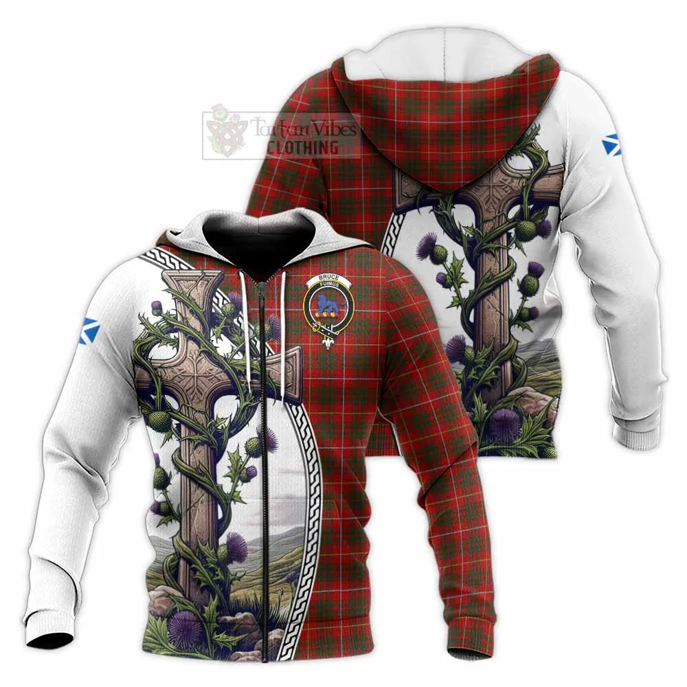 Bruce Tartan Knitted Hoodie with Family Crest and St. Andrew's Cross Accented by Thistle Vines