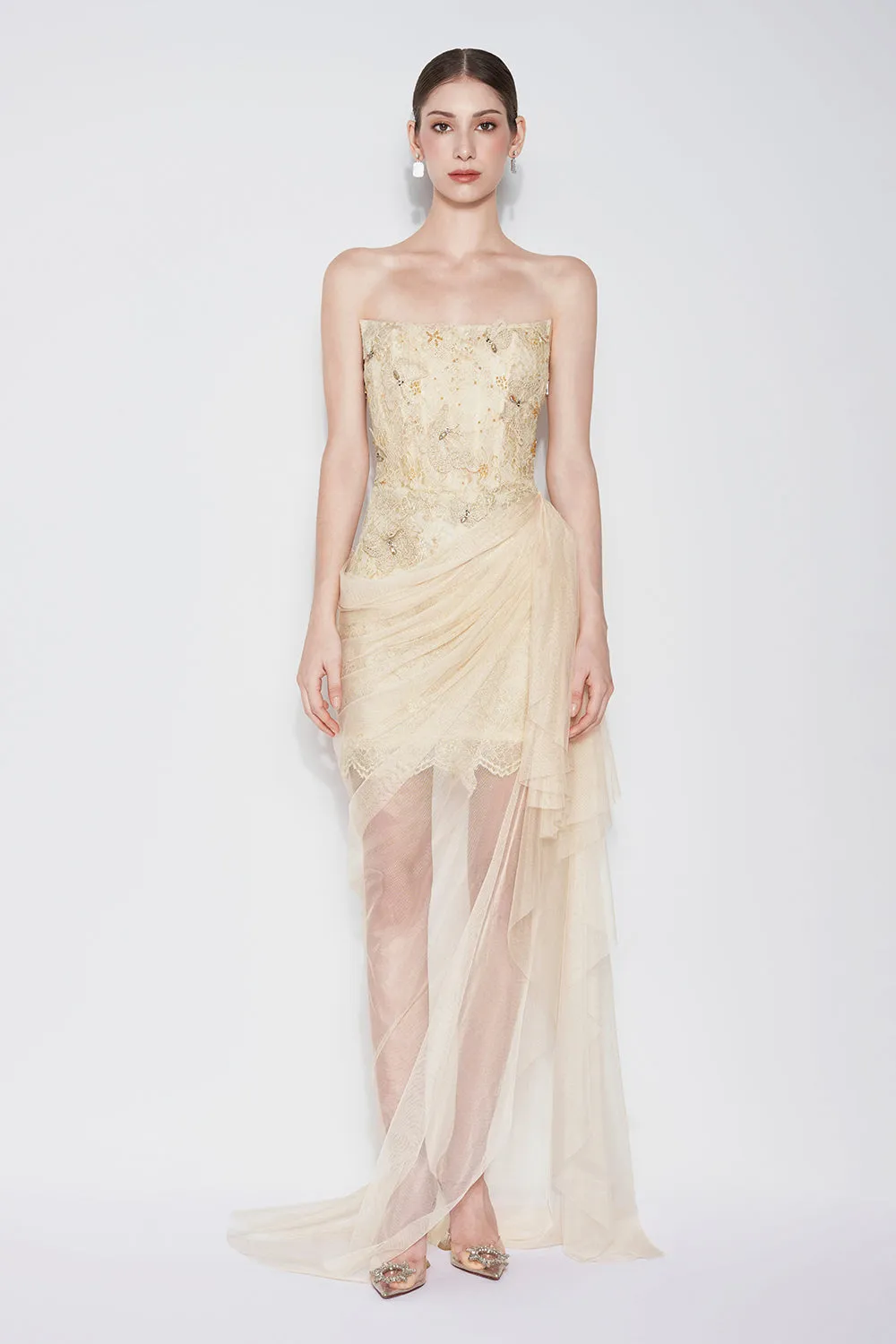 Butterfly Reverie Sarong Semi-Heart Neck Lace Floor Length Dress
