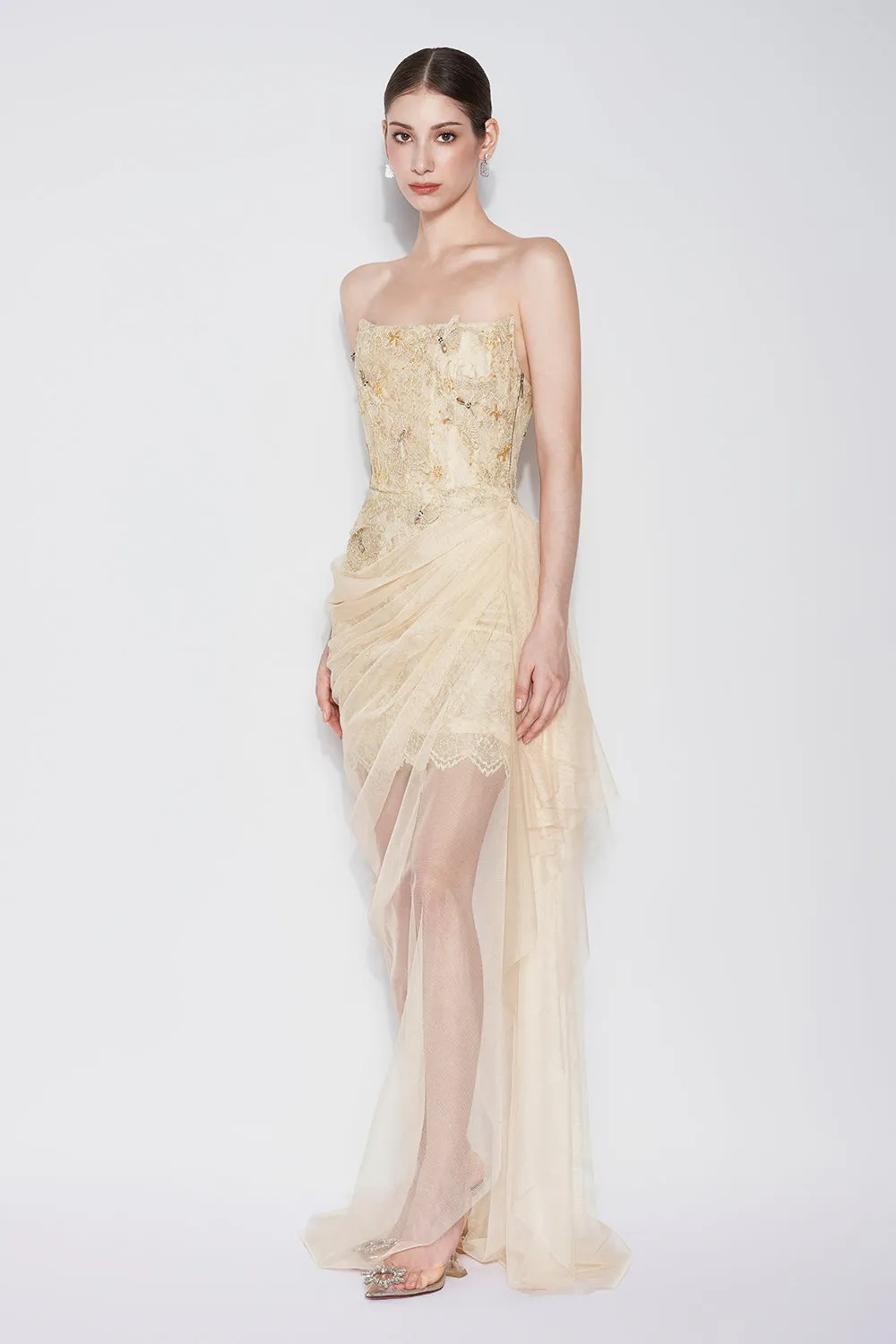 Butterfly Reverie Sarong Semi-Heart Neck Lace Floor Length Dress