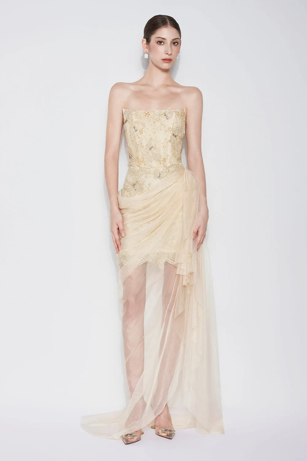 Butterfly Reverie Sarong Semi-Heart Neck Lace Floor Length Dress