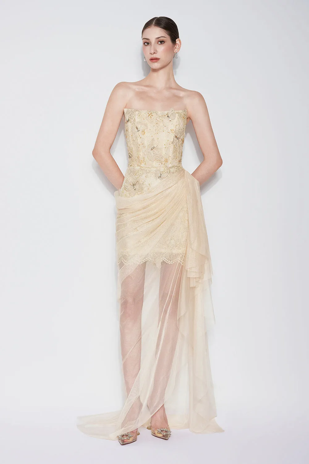 Butterfly Reverie Sarong Semi-Heart Neck Lace Floor Length Dress
