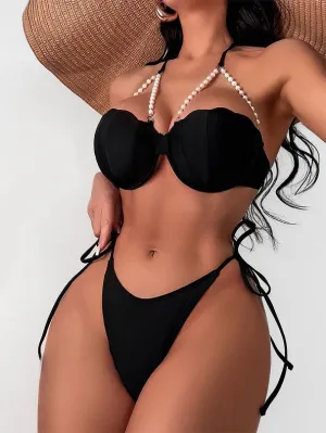 Chain Split Three-Point Shell Bikini Black