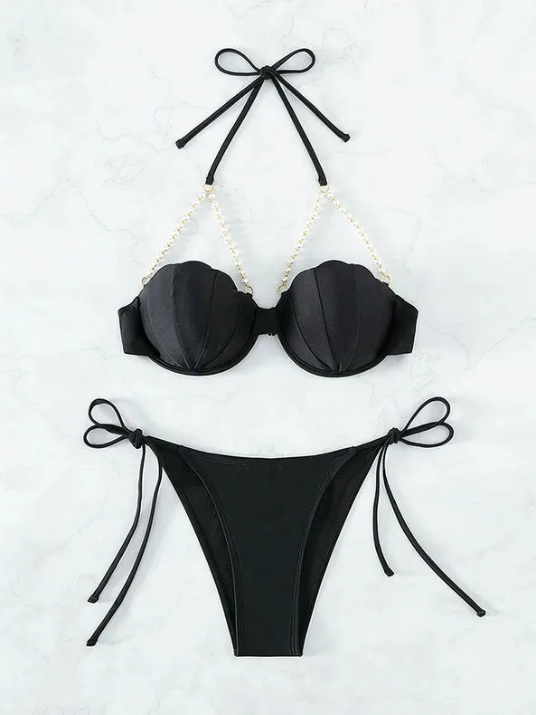 Chain Split Three-Point Shell Bikini Black