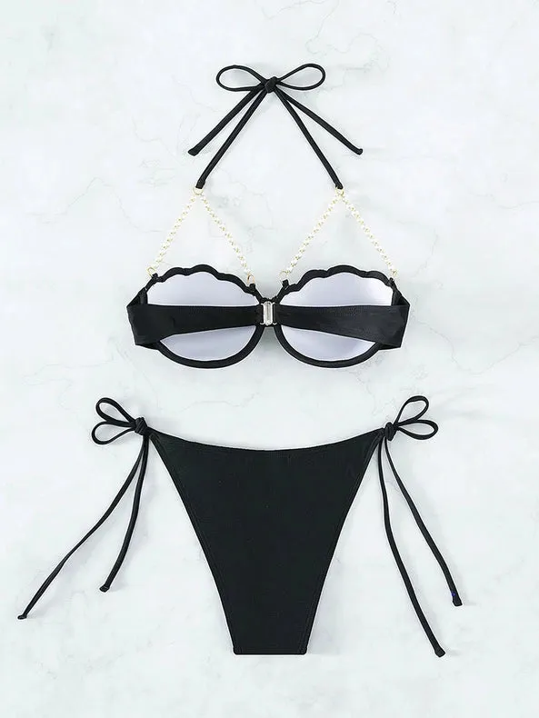 Chain Split Three-Point Shell Bikini Black