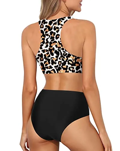 Charming Racerback Sporty High Waisted Bikini Set-Black And Leopard