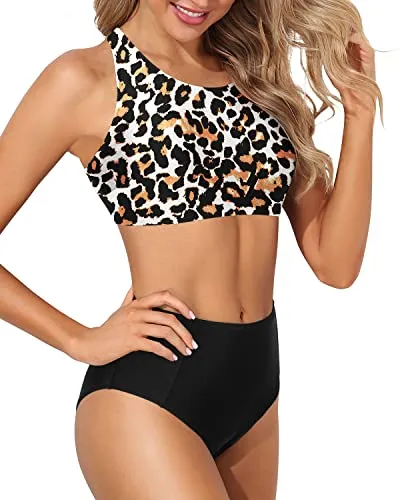 Charming Racerback Sporty High Waisted Bikini Set-Black And Leopard