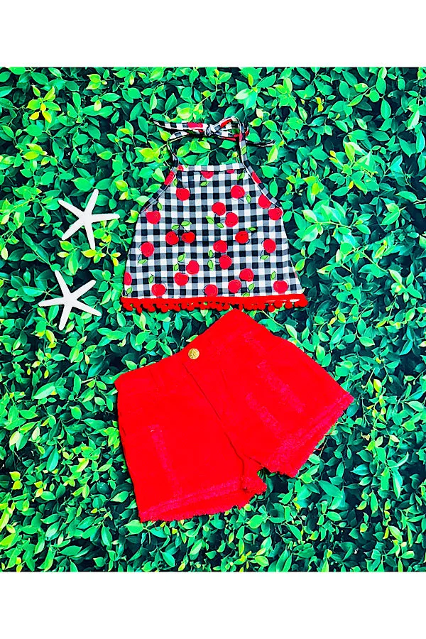 Cherries w/pompoms halter top w/red denim shorts 2pc set DLH2388