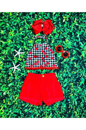 Cherries w/pompoms halter top w/red denim shorts 2pc set DLH2388