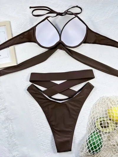 Crisscross Halter Neck Bikini Set Chestnut