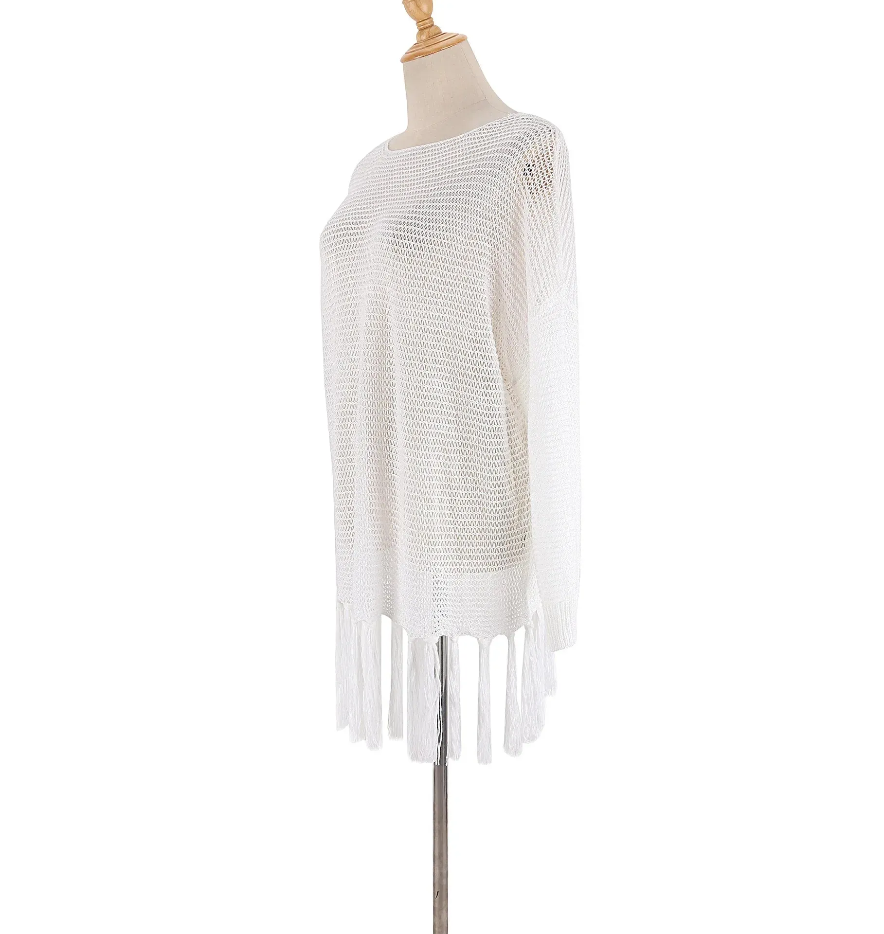 Crochet Beachwear Cover-Up with Fringe Trim
