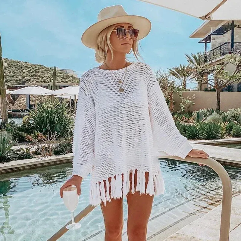 Crochet Beachwear Cover-Up with Fringe Trim