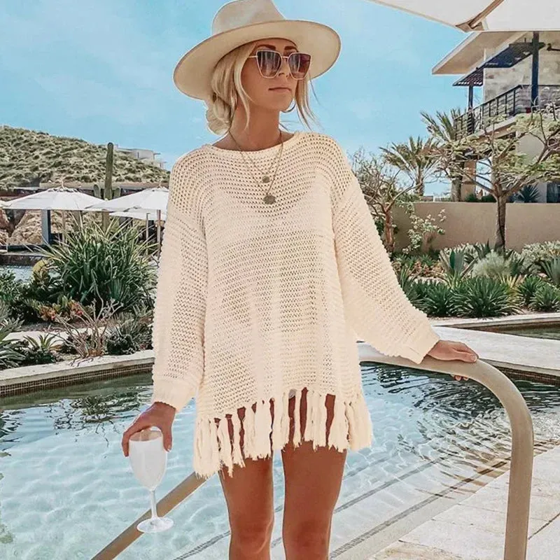 Crochet Beachwear Cover-Up with Fringe Trim