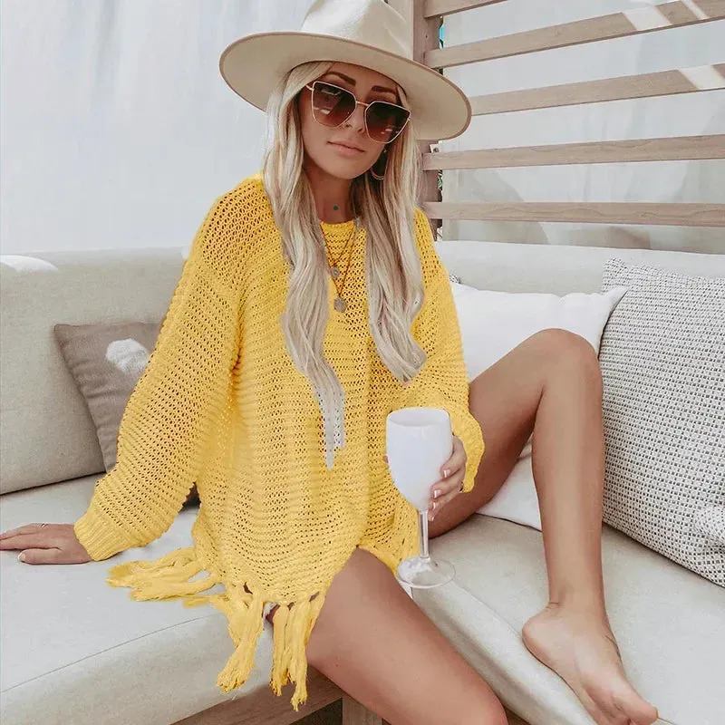 Crochet Beachwear Cover-Up with Fringe Trim