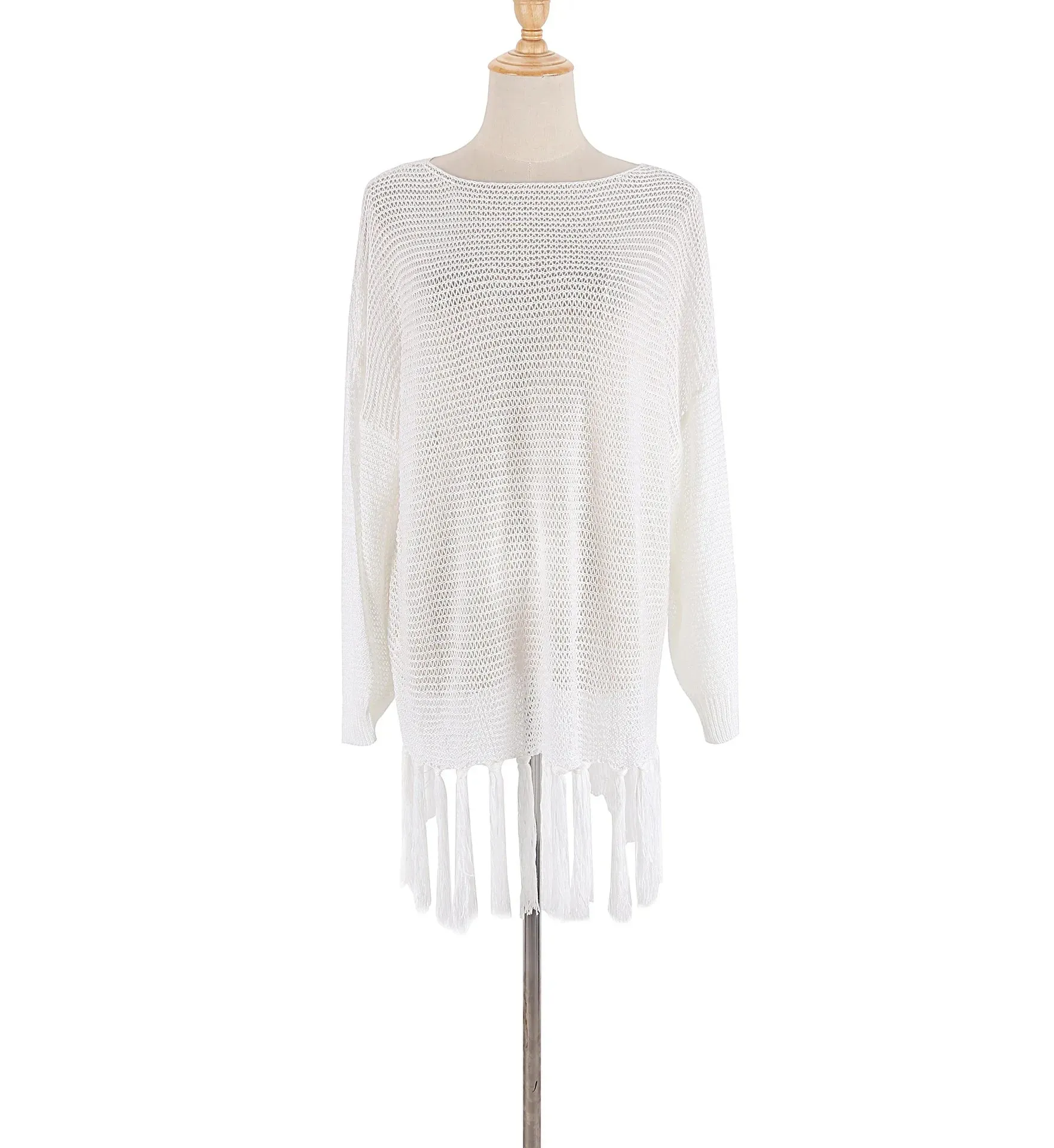 Crochet Beachwear Cover-Up with Fringe Trim