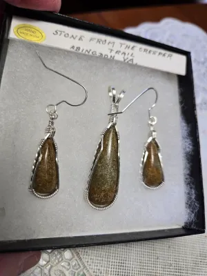 Custom Cut Polished & Wire Wrapped Creeper Trail Set: Necklace/Pendant Earrings Sterling Silver
