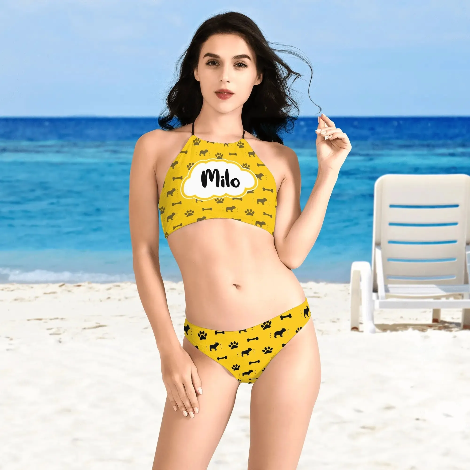 Custom Womens Bikini Sets Swimsuit with French Bulldog Name