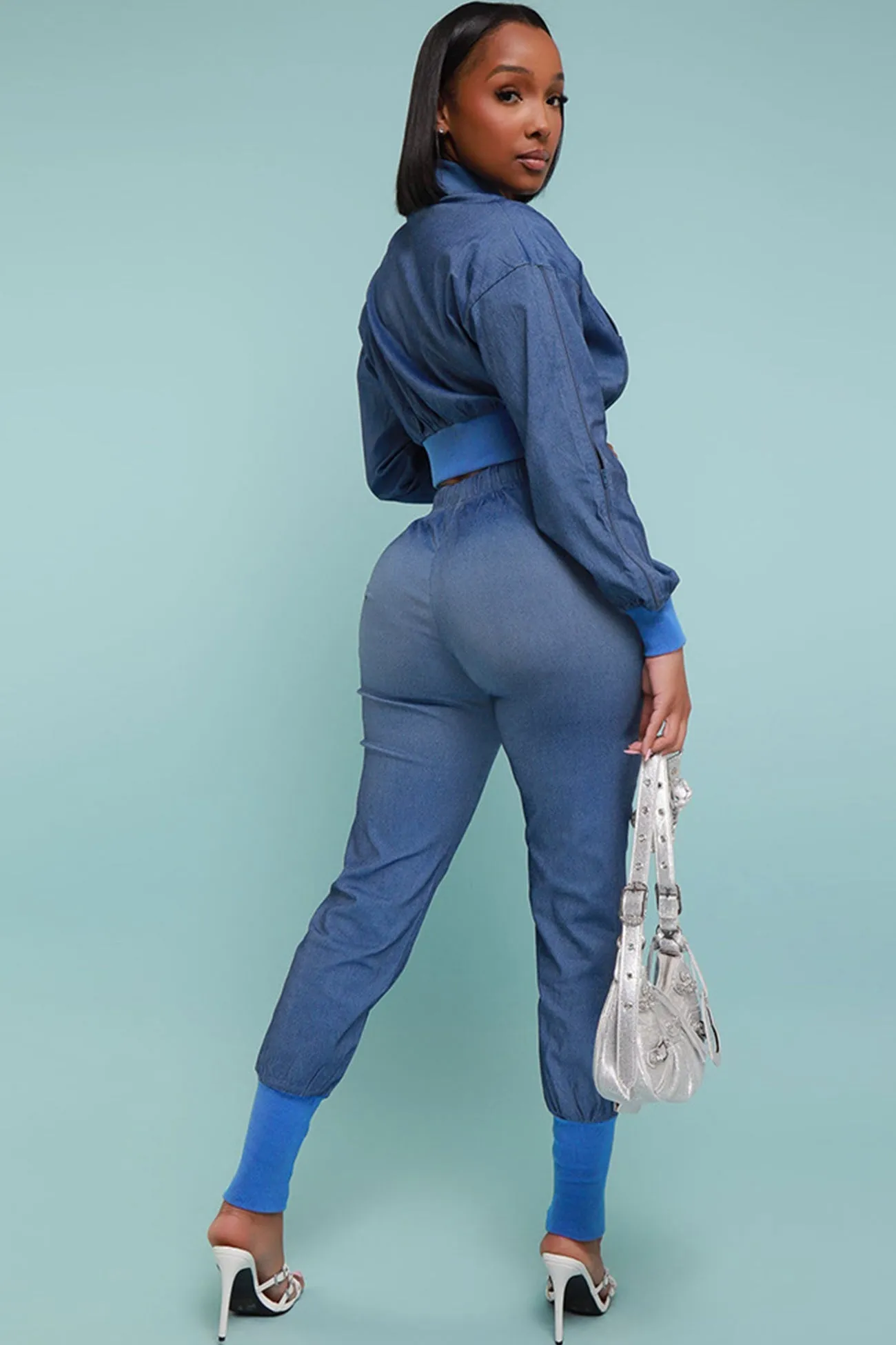 Cutout Denim Jacket Pants Suits