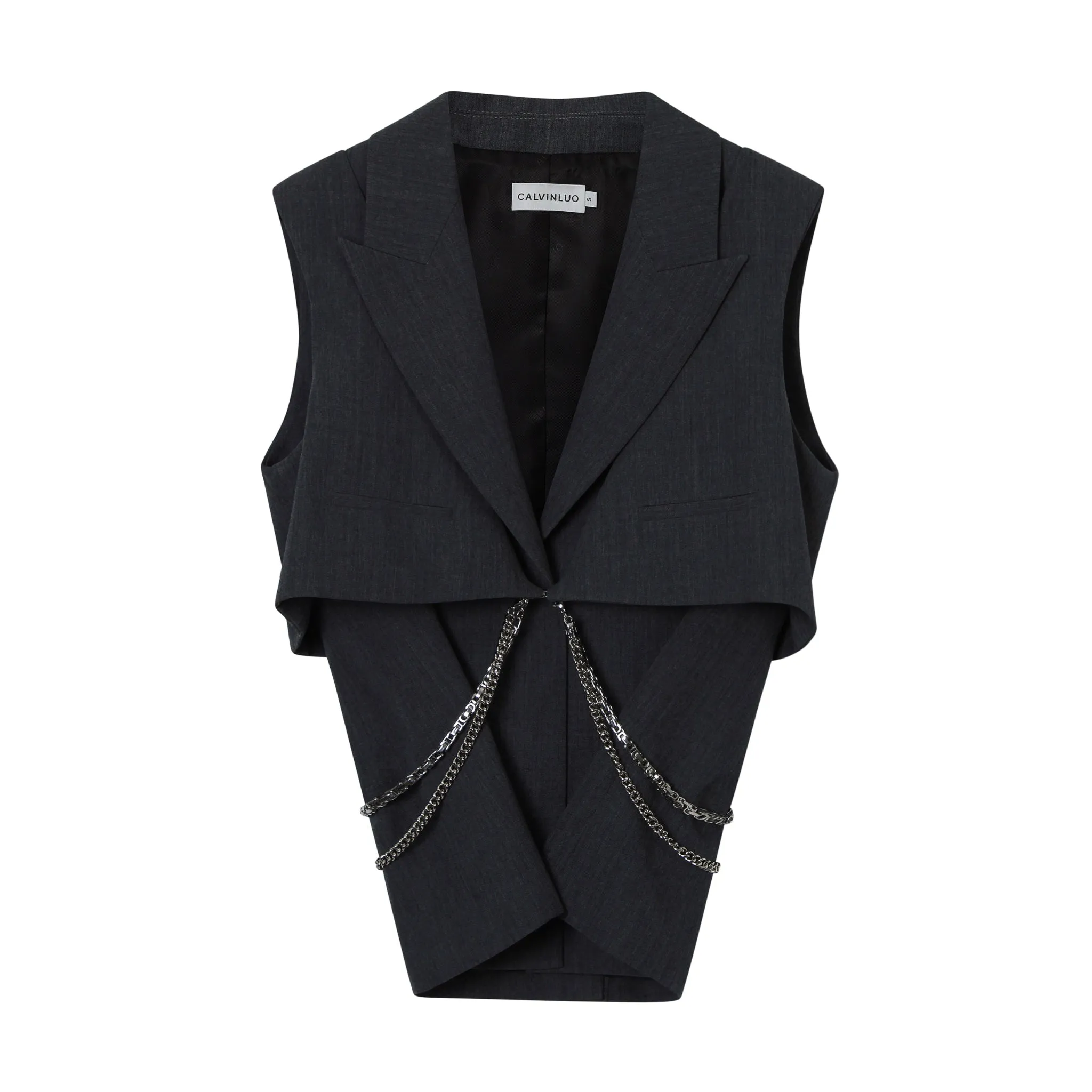 Dark Gray Chain Trim Fake Two Piece Sleeveless Suit