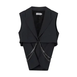 Dark Gray Chain Trim Fake Two Piece Sleeveless Suit