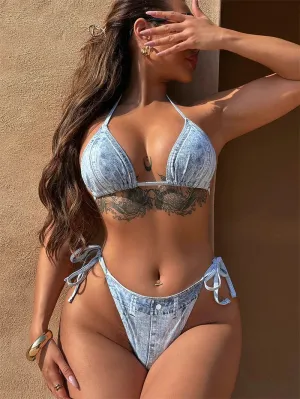 Denim Print Halter Swimwear Bandage Bikini Sets 2024 Sexy Women Swimsuit Thong Biquini Brazilian Bathing Suit